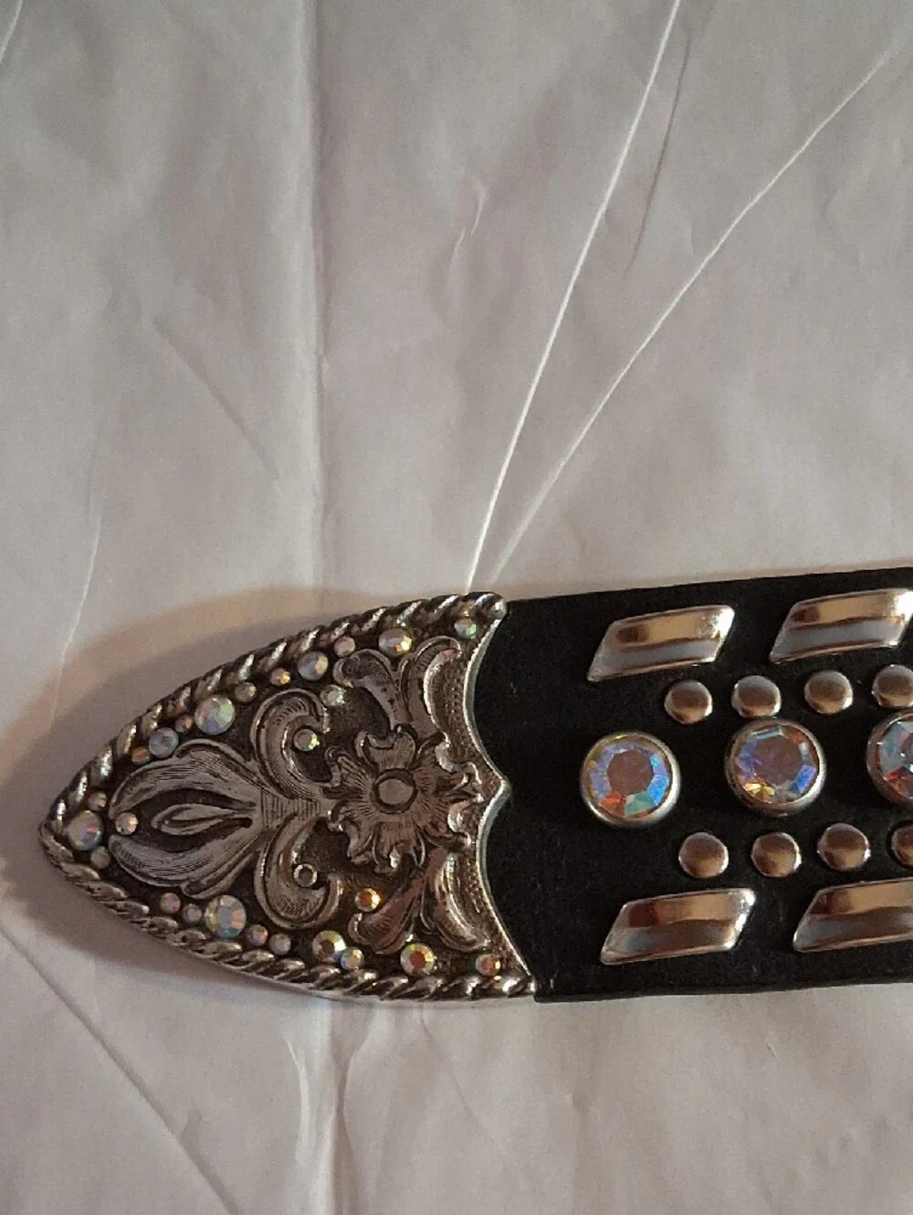 Black Rhinestone Western Belt with Ornate Silver Buckle - Nocona